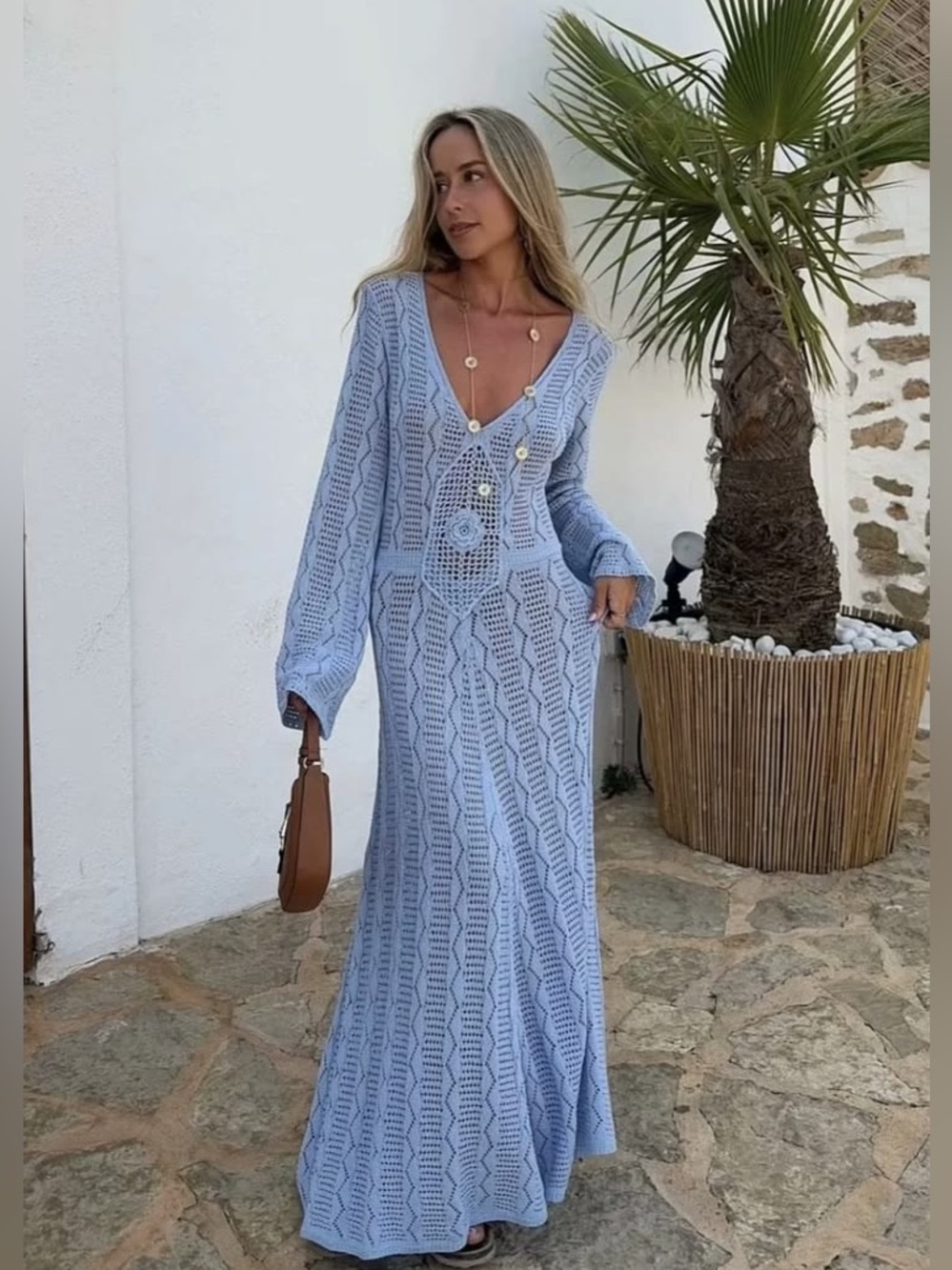 Zara Light Blue Crochet Knit Maxi Dress - Long Sleeve